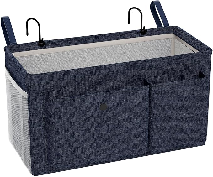 Edudif Bedside Caddy Bedside Organizer with Fixed Straps & Water Bottle Holder, Bunk Bed Caddy ideal for Home, Dorm, Hospital, Crib, Versatile Bedside Storage Solution (Navy)