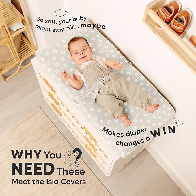 2-Pack Baby Changing Pad Cover for Girl, Boy - 34x18 Soft Viscose Derived from Bamboo Baby Diaper Changing Table Pad Cover Sheets, Neutral, Snug Fit Nursery Diaper Change Sheets (Meadow)