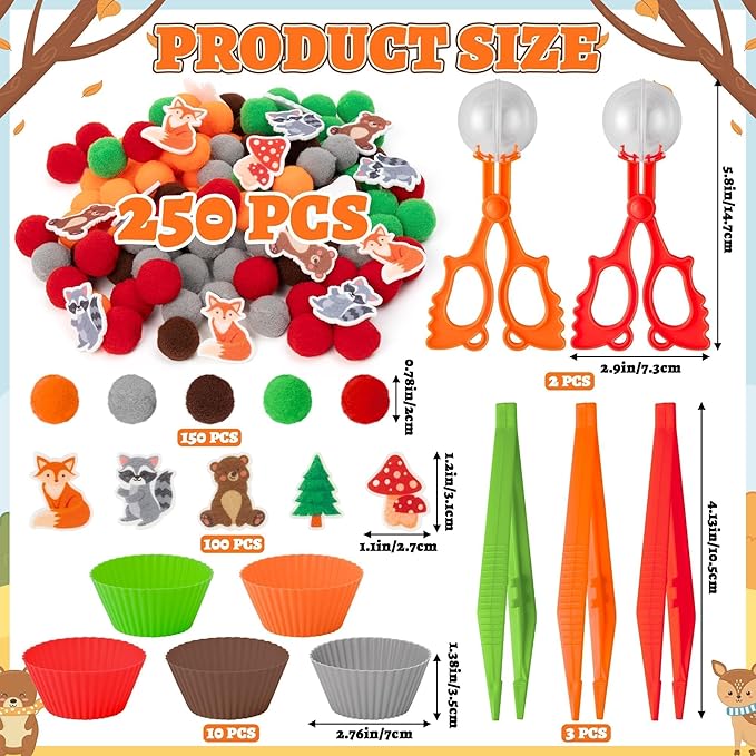 EZdhuawuse Woodland Animals Sensory Bin Fillers - Valentine's Day Gift 266Pcs Sping Animals Fine Motor Toys Sorting Stacking Toys for Kids, Felt Fox Bear Pom Poms Cup Clip for Preschool Education