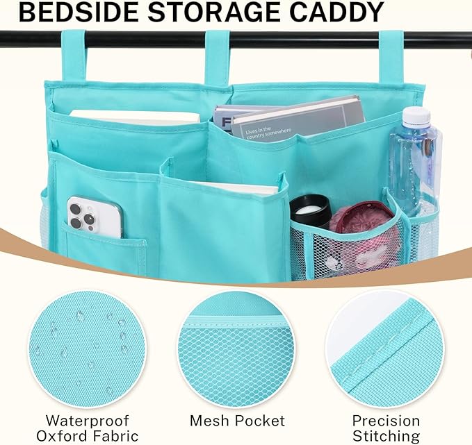 Bedside Caddy - Durable Oxford Fabric Bedside Storage and Bed Organizer，Hanging Bed Organizer for Bedroom，Bunk Bed，Dorm and Hospital(Lake Blue)