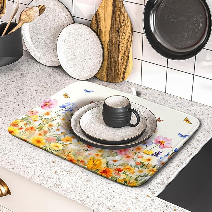 Spring Easter Rabbit Dish Drying Mat for Kitchen Counter,Colorful Flowers Butterflies Drying Mat 16 x 18 Inch with High Absorbent Microfiber Drainer Mat for Coffee Bar