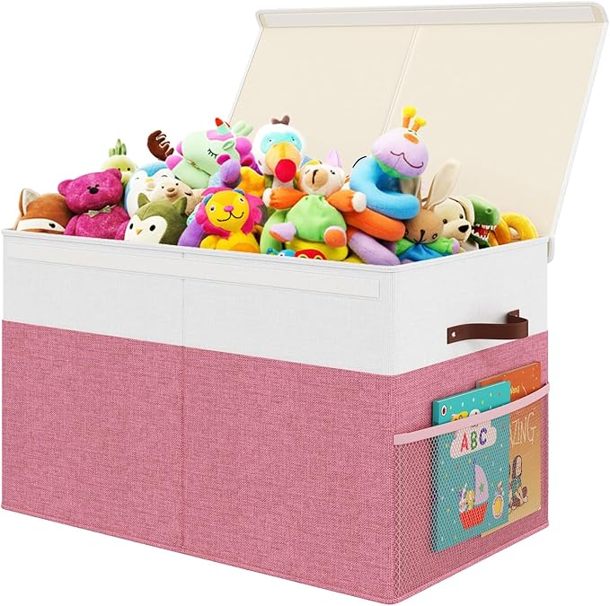 Fineonly Large Toy Storage Box with Lid Upgraded Toy Storage Chest Organizer with Divider Foldable Toy Bin for Kids Boys Girls Playroom Nursery Bedroom (25"x13"x16")