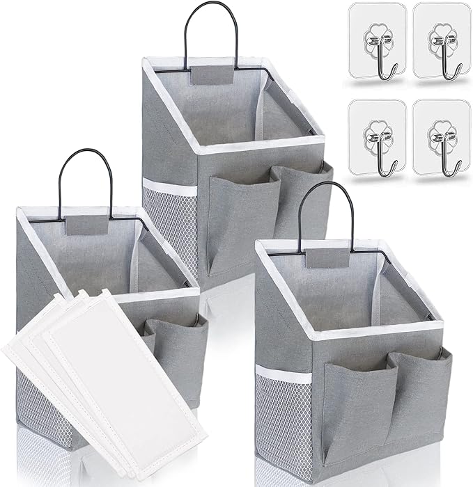 3pcs Wall Hanging Organizer Bag, Linen Fabric Door Hanging Storage Basket with Pockets, Waterproof Bin for Kitchen, Bedroom, Office, RV Camper (Gray)