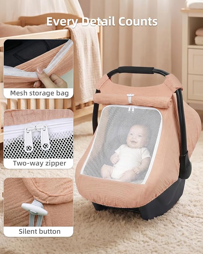 Rquite Car Seat Cover Baby Girl Boy, 100% Muslin Cotton Carseat Covers, Breathable Infant Windproof Canopy with Mesh Window, Stroller Sun Shade for Summer & Hot Day, Dusty Rose
