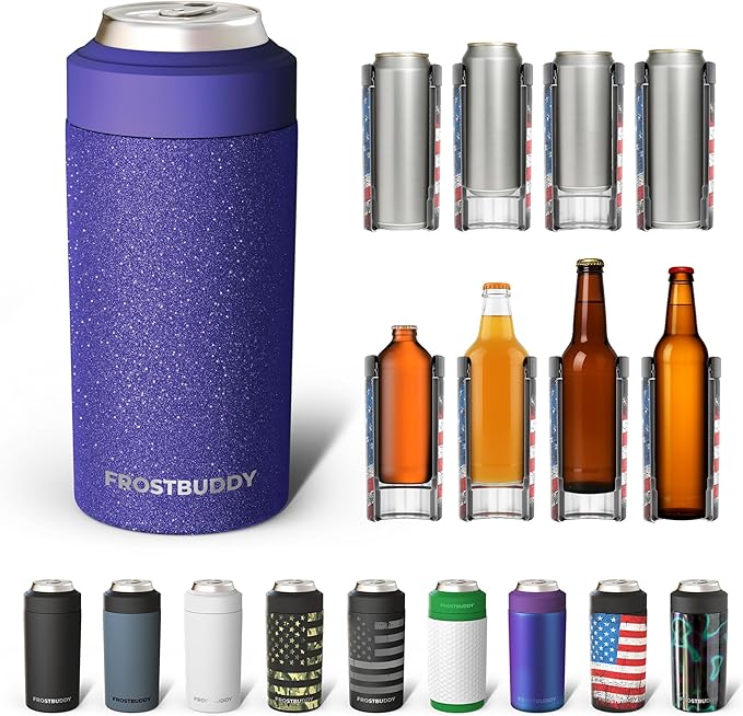 Frost Buddy Universal Can Cooler - Fits all - Stainless Steel Can Cooler for 12 oz & 16 oz Regular or Slim Cans & Bottles - Stainless Steel (Purple Glitz)