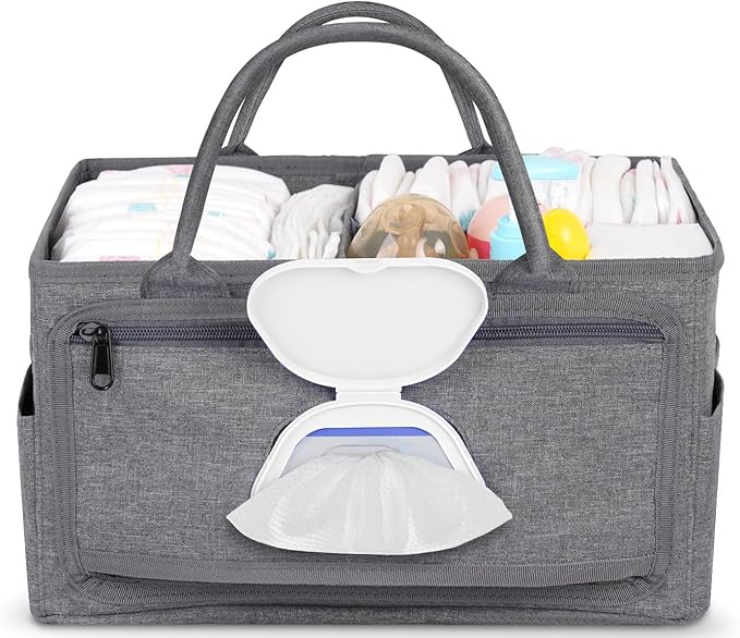 Volnamal Premium Diaper Caddy with Smart Side Wipes Pocket, Diaper Organizer, Portable Car Organizer & Nursery Basket for Newborn Essentials, Perfect Registry Must Haves for Boys & Girls, Grey
