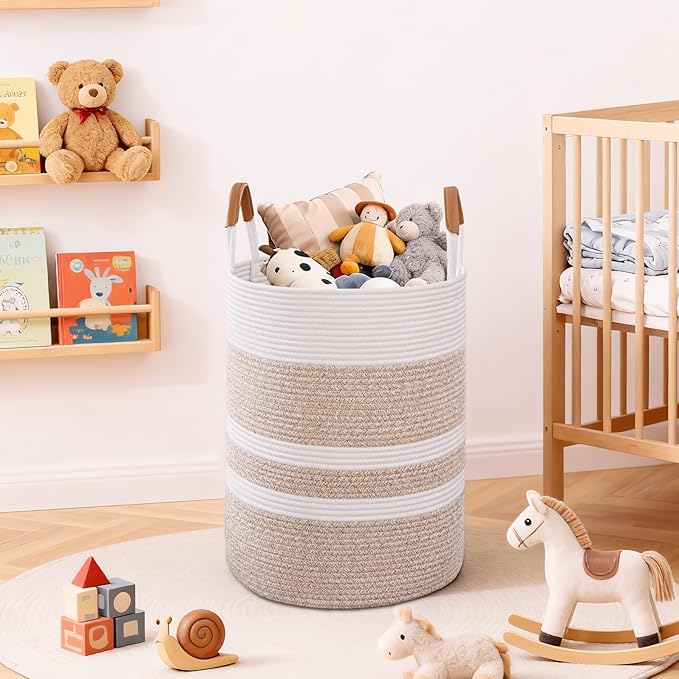 Degeyoyo 75L Striped Laundry Basket, Brown Laundry Hamper with Leather Handles, Woven Cotton Rope Storage Bin for Blankets, Nursery Hamper for Clothes, Toys In Bathroom, Livingroom, Bedroom