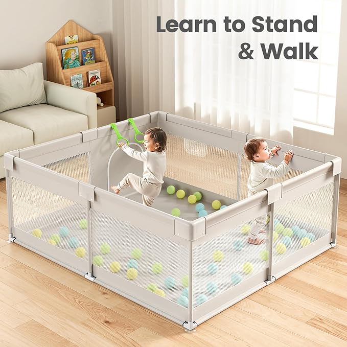 ZEEBABA Extra Large Baby Playpen - Playpen for Babies and Toddlers, Play Pen with Gate, Play Yard Baby Fence Play Area Zone Indoor, Sturdy Kids Play Pin (Gray, 69×59in)