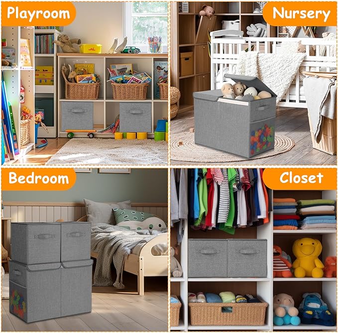 Fiwochic 3 Pack 23" Large Toy Storage Box with 11" Cubes Bins, Collapsible Toy Organizer Chest with Lids for Kids Nursery Playroom Bedroom Living Room Christmas Ornament Storage Box(Grey)