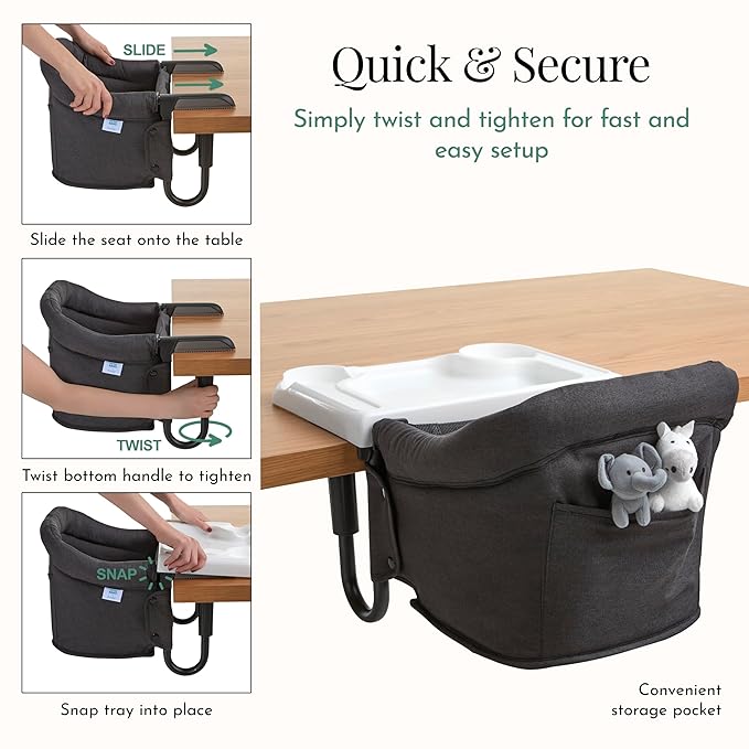Evolur Clamp-On Comfort Table Chair, Portable Clip-On High Chair for Babies & Toddlers (6–36 Months), Removable Washable Seat Cover, Dishwasher-Safe Tray, Foldable Design with Carry Bag – Black