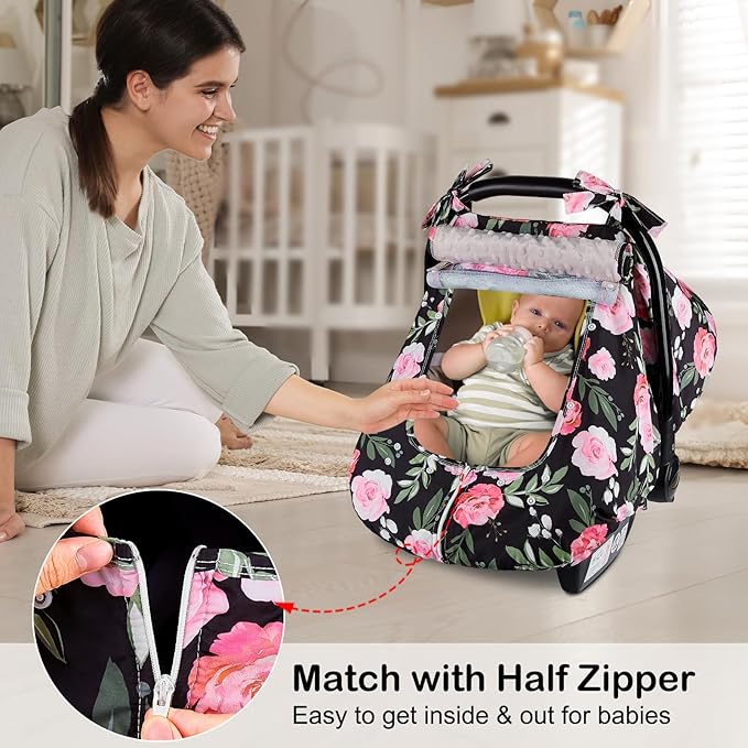 FIOBEE Baby Car Seat Cover, Car Seat Covers for Babies Infant Car Seat Canopy with Breathable Mesh Window Waterproof Carseat Cover for Babies Boy Girl 4 Seasons, Black/Flowers