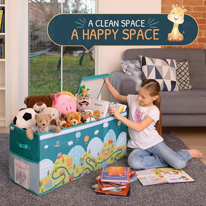 SoftOwl Extra Large Toy Storage Organizer with Lid - Sturdy, Collapsible Toy Chest Storage Box with Cute Design - Toys Bin with Dividers for Kids, Boys, Girls, Nursery, Bedroom, Play room 37"x16"x14"