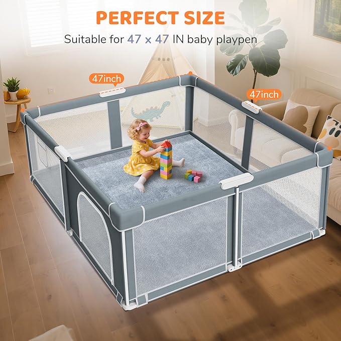 Omzer Baby Play Mat for Floor - 1.3" Thick Foam 47x47 Inch Playpen Mats with Removable & Washable Cover for Tummy Time, Soft Coral Velvet & Non-Slip Crawling Pad for Babies, Toddlers, Infants - Grey