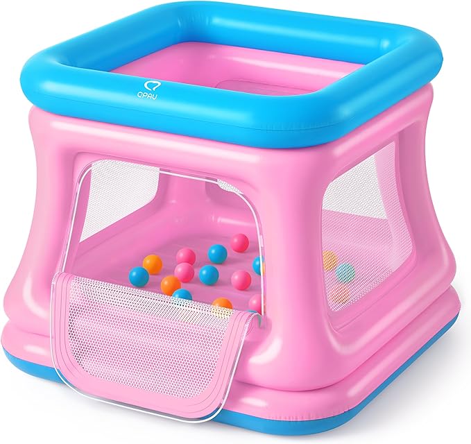 QPAU 3-in-1 Inflatable Bounce House for Toddlers 1-3, Ball Pit & Trampoline, Inflatable Bouncy House with Safety Net, Indoor & Outdoor Bubble Bouncer Baby Play Yard（Blue & Pink）