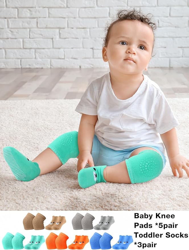 10 Pairs Baby Crawling Anti Slip Knee Pads and Anti Slip Baby Socks Set Unisex Toddler Knee Protectors Non Slip Ankle Socks