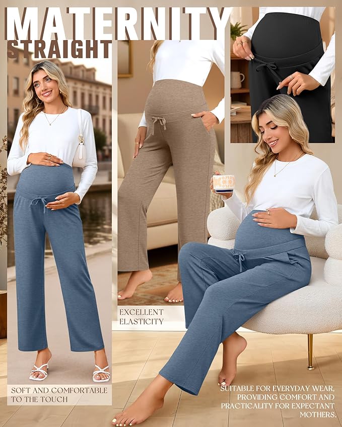 3 Pcs Maternity Sweatpants Over The Belly Pregnancy Straight Wide Leg Elastic Drawstring Pants Joggers with Pockets