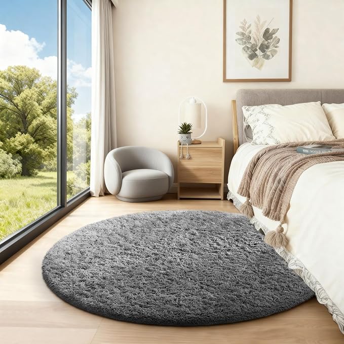 Ophanie Area Rugs for Bedroom Living Room,Color 1- Grey,Size 4',Shape Round