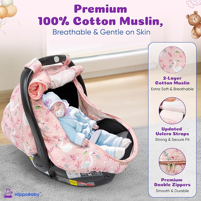 Car Seat Cover for Babies with 100% Cotton Muslin Material | Breathable Carseat Cover for Boys and Girls | Infant Car Seat Canopy for Boys and Girls (Flamingo)