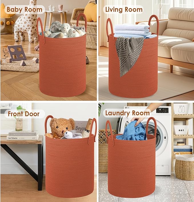 Cotton Rope Laundry Basket, Large Capacity Storage Bin with Handles, Large Blanket Basket for Living Room, Ribbed Texture (Brick Red, XX Large 100L)