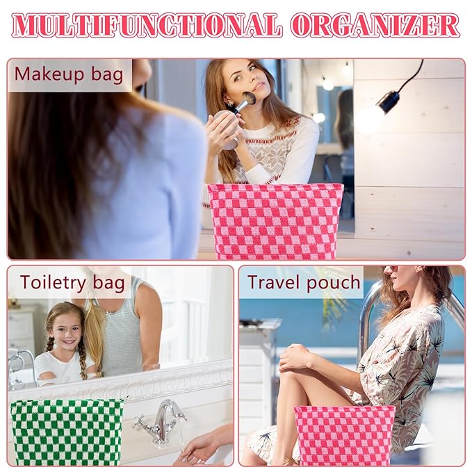 ZLFSRQ 2Pcs Checkered Makeup Bag for Women Large Capacity Cosmetic Bag Set Travel Makeup Pouch for Purse Zipper Toiletry Organizer Cute Y2K Aesthetic Trendy Skincare Storage Organizer(Pink/Green)