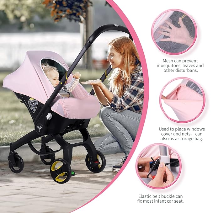 Baby Car Seat Cover, Original Carseat Covers with Adjustable Breathable Mesh Window & Pocket, Stretchy Infant Car Seat Canopy for Girls Boys, Kick-Proof Stroller Cover for All Seasons
