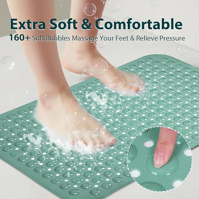 Bathtub Mat Shower Mat Non Slip 17x30 Inch Standard Size, Soft Bubble Bath Tub Mat Shower Mats for Inside Shower Bathroom Floor Mat with Big Suction Cups & Drain Holes, BPA-Free，Mars Green
