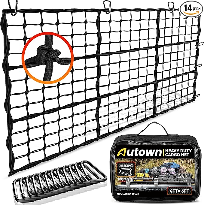 AUTOWN Cargo Net for Pickup Truck Bed - Stretchable 4' x 6' to 8' x 12' with 4" x 4" Mesh, Heavy Duty 10mm Cord Bungee Bed Netting with 12 Metal Carabiners - Ideal for ATV, SUV, UTV and Truck