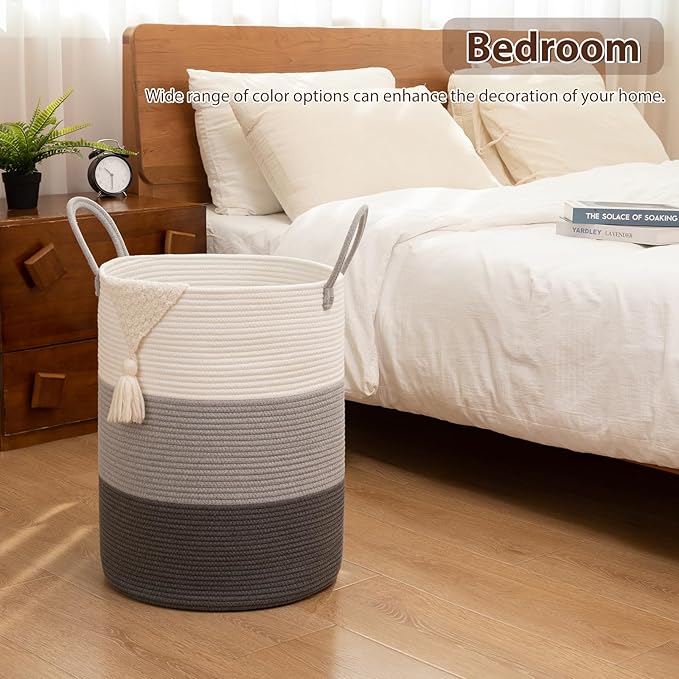 OIAHOMY Large Laundry Basket Hamper - 60L Cotton Rope Woven Basket for Blankets, Toys, Clothes - Tall Decorative Nursery Hamper with Long Handles, Gradient Grey