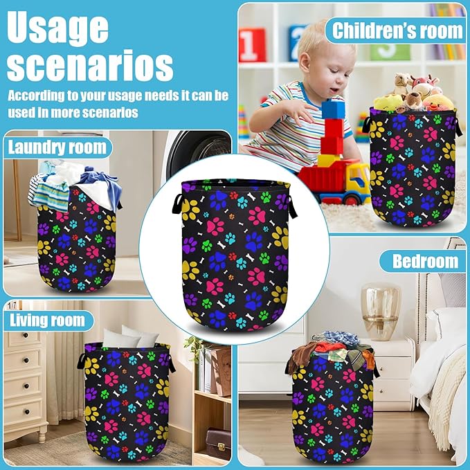 Colourful Paw Prints Bones Laundry Basket, Laundry Hamper Collapsible Oxford Cloth with Handle Clothes Toy Storage Bin for Bathroom Laundry Room Bedroom 15.7 X 20 Inch