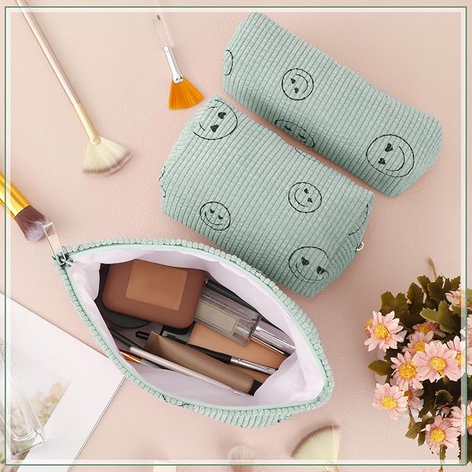 3 Pcs Makeup Bag Set for Women Corduroy Cosmetic Pouch Aesthetic Smile Travel Toiletry Bag Cute Purse Pouch Pencil Case Makeup Brushes Storage Organizer with Zipper(Green,Smile Face)