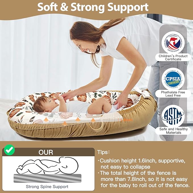 Baby Lounger-Breathable and Soft Organic 100% Cotton, Portable Infant Lounger with Removable Lounger Cover, Baby nest Lounger for Newborn - Punpkin