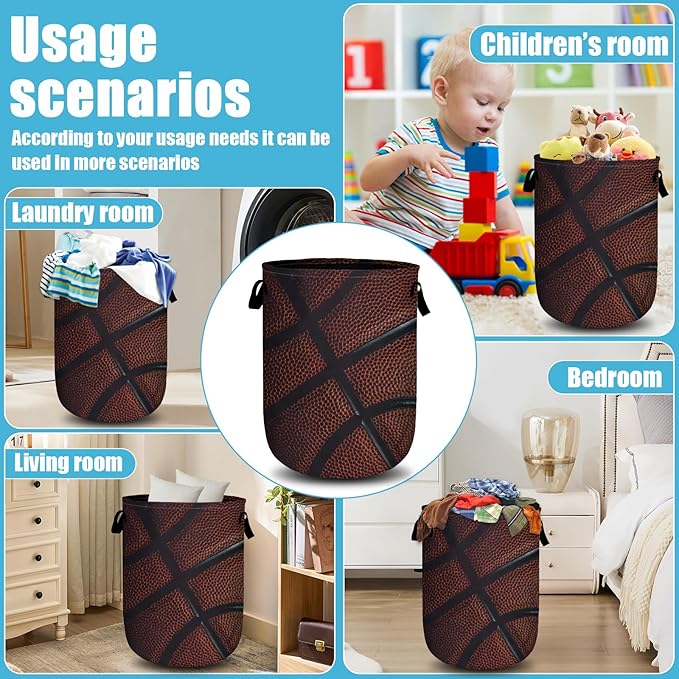 Basketball Texture Laundry Basket, Sport Ball Laundry Hamper Collapsible Oxford Cloth with Handle Clothes Toy Storage Bin for Bathroom Laundry Room Bedroom 15.7 X 20 Inch
