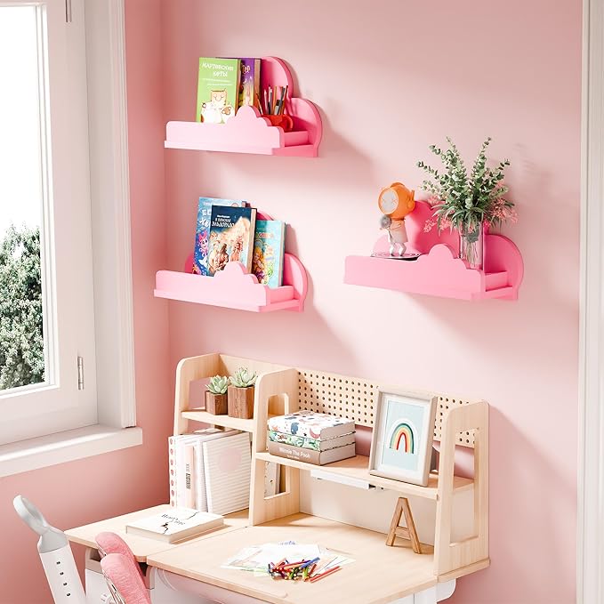 Cloud Shelves for Kid’s Room, 13’’ Long Nursery Wall Deor Set of 3, Pink Cloud Bookshelf Floating Shelf, Figure Shelf Wall Mounted, Cute Decorative Cloud Wall Shelf for Toys, Plants & Storage