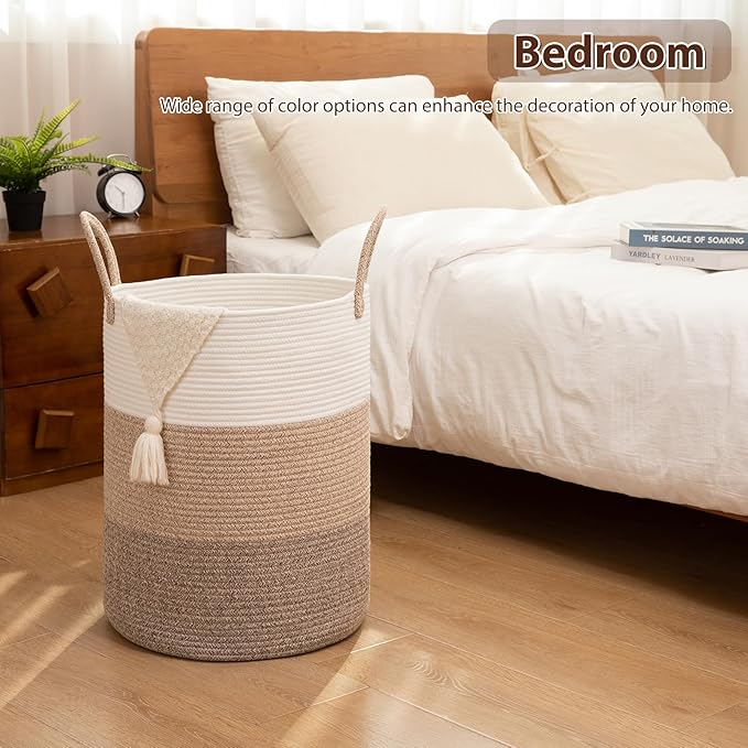 OIAHOMY Large Laundry Basket Hamper - 60L Cotton Rope Woven Basket for Blankets, Toys, Clothes - Tall Decorative Nursery Hamper with Long Handles, Gradient Brown
