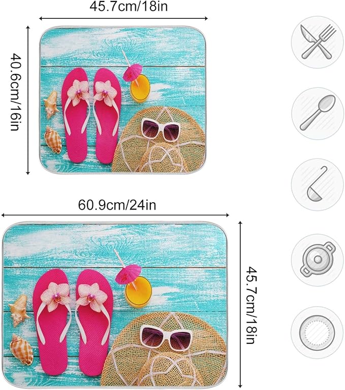 Summer Flip Flops Dish Drying Mat 16x18 in for Kitchen Counter Decor, Absorbent Blue Wooden Board Dry Pad Seashells Baby Bottle Dryer Rack Drainer Mats for Countertop Sink
