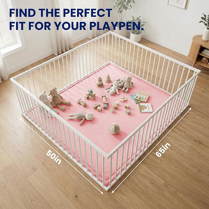Huloo Sleep Ultra Soft Baby Play Mat for Floor, 1.3" Thick Elasti-Foam 65x50 Play Mat for Playpen,Water-Repellent Coral Velvet for Tummy Time, Non-Slip Backing,Safe for Toddlers & Infants（Pink）