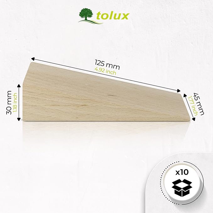 Tolux Wooden Wedges, Hardwood Wedge, Beech Wood Wedge, Wooden Doorstop, Handy Tool in Carpentry, Construction and Various DIY Projects, Size 125x45x30 mm / 4.92x1.77x1.18 in, Pack of 10 pcs