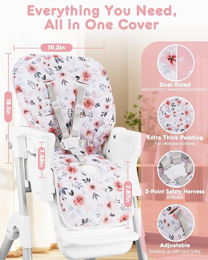 Baby High Chair Cover 2-in-1 Reversible, Includes 5-Point Harness Strap, Waterproof & Soft Dual-Side High Chair Pad Cushion, Machine Washable, Extra Thick Highchair Protector - Pink