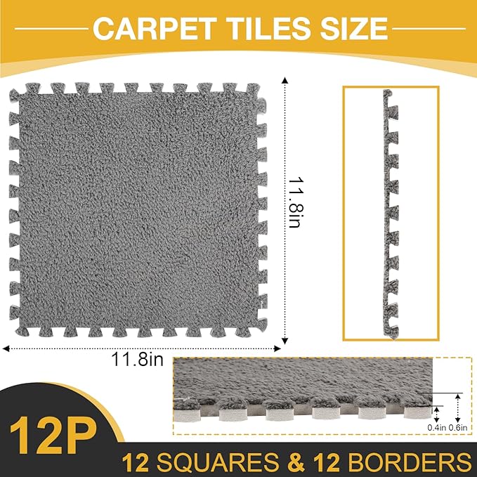 12 Pcs Plush Interlocking Carpet Tiles, Non-Toxic Shaggy Foam Carpet Tiles for Toddler Baby, Anti-Slip, EVA Foam Interlocking Tiles for Floor, Nursery, Playroom, Grey