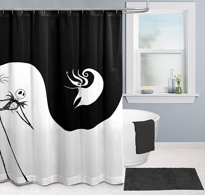 Jay Franco Disney Nightmare Before Christmas Fabric Shower Curtain - Kids Swirl Black and White Bathroom Décor with Jack Skellington and Zero