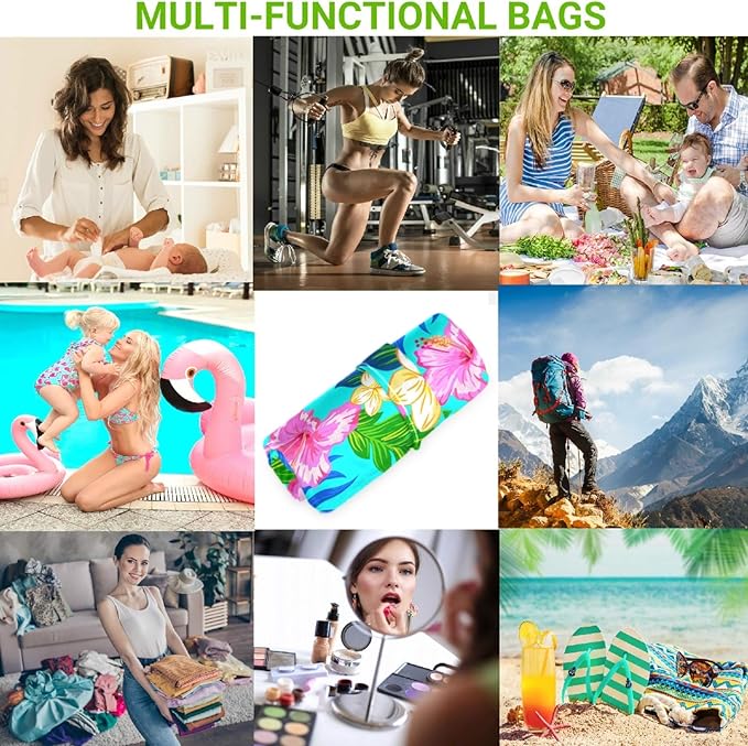 visesunny Tropical Hibiscus Floral Turquoise 2Pcs Wet Bag with Zippered Pockets Washable Reusable Roomy for Travel,Beach,Pool,Daycare,Stroller,Diapers,Dirty Gym Clothes, Wet Swimsuits, Toiletries