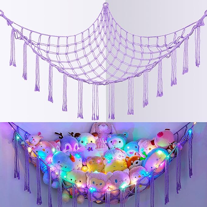 Basumee Stuffed Animals Net or Hammock with LED Light, Hanging Stuffed Animals Storage Toy Hammock Net Corner Wall Girls Room Decor Toy Storage Organizer, Purple, L