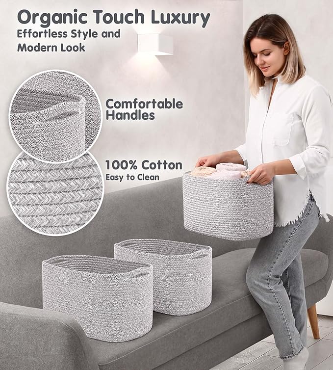 CHAT BLANC Cotton Rope Baskets for Organizing | Storage Baskets for Shelves | Rope Basket for Storage, Small Laundry Baskets, Woven Baskets for Storage, Dog Toy Bin, Baby Basket, Gray 3 Pack