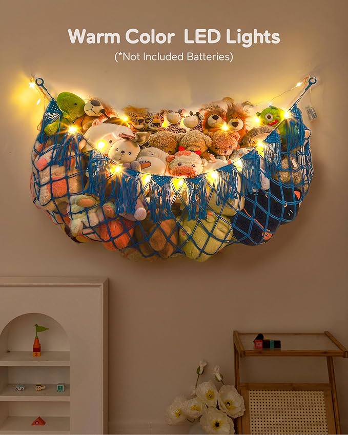 Boho Macrame Stuffed Animal Hammock with LED Lights – Large Wall Hanging Plushie Net, Corner Toy Organizer for Kids Bedroom, Nursery, Playroom & Dorm (Blue XXL)