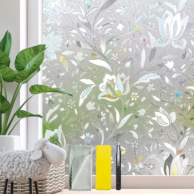 Bloss Window Privacy Film Decorative Stained Glass Floral Windows Film Non Adhesive, Heat Blocking Bathroom Glass Film for Home Kitchen Office (11.8 x 78.7 Inch)