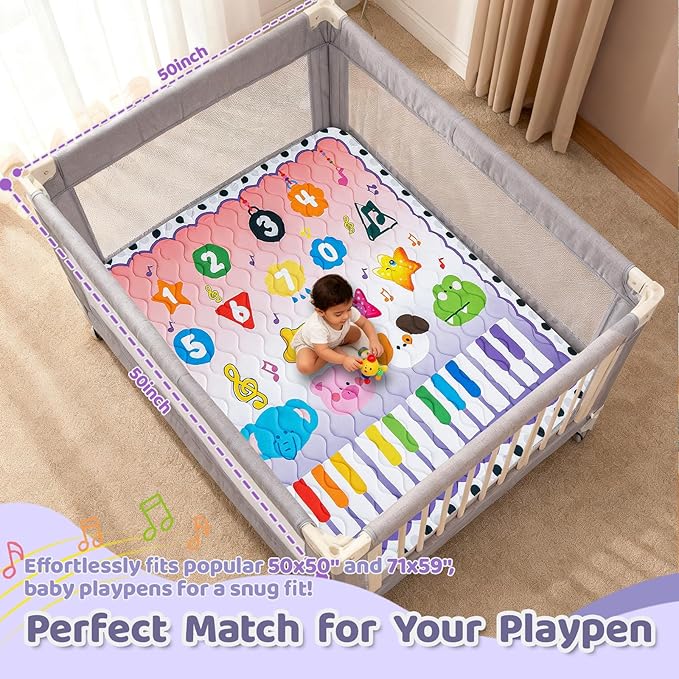 Baby Play Mat for Floor, 50'' x 50'' Thicken Foam Soft Padded Mat for Baby, Playpen Mat for Toddlers Infant Kids, Machine Washable, Non-slip Bottom Safe for Crawling (Piano)