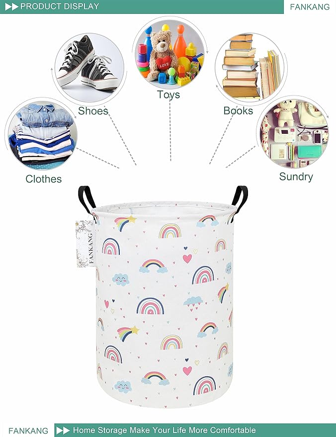 FANKANG Storage Basket, Nursery Hamper Canvas Laundry Basket Foldable with Waterproof PE Coating Large Storage Baskets for Kids Boys and Girls, Office, Bedroom, Clothes,Toys（Love Rainbow ）