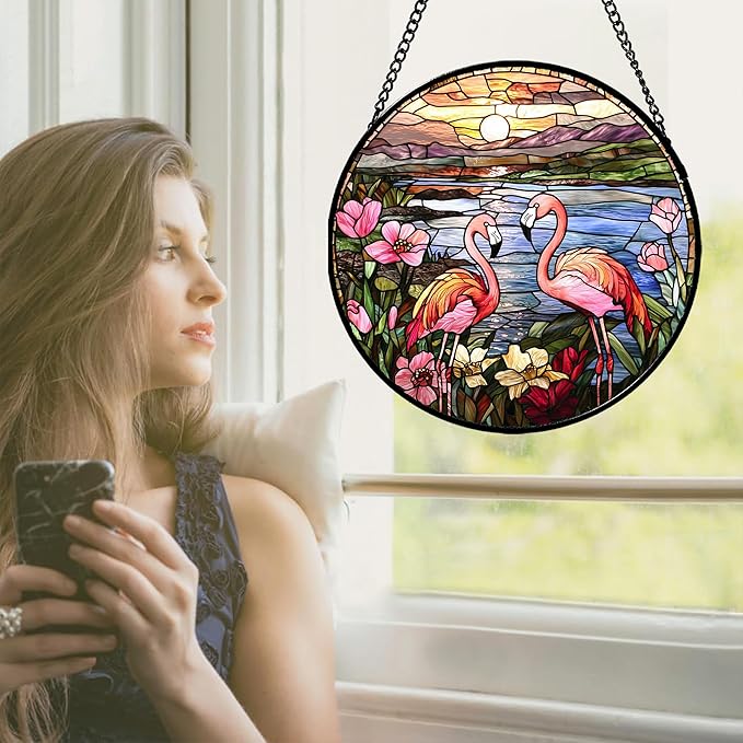 JOSUMALY Stained Glass Window Hanging - Flamingo Wildflowers Landscape Suncatcher for Door Terrace Garden Home Decor Sunset Lake Sun Catcher Birthday Gifts for Lovers Women Men Dad Mom Nana 15 in
