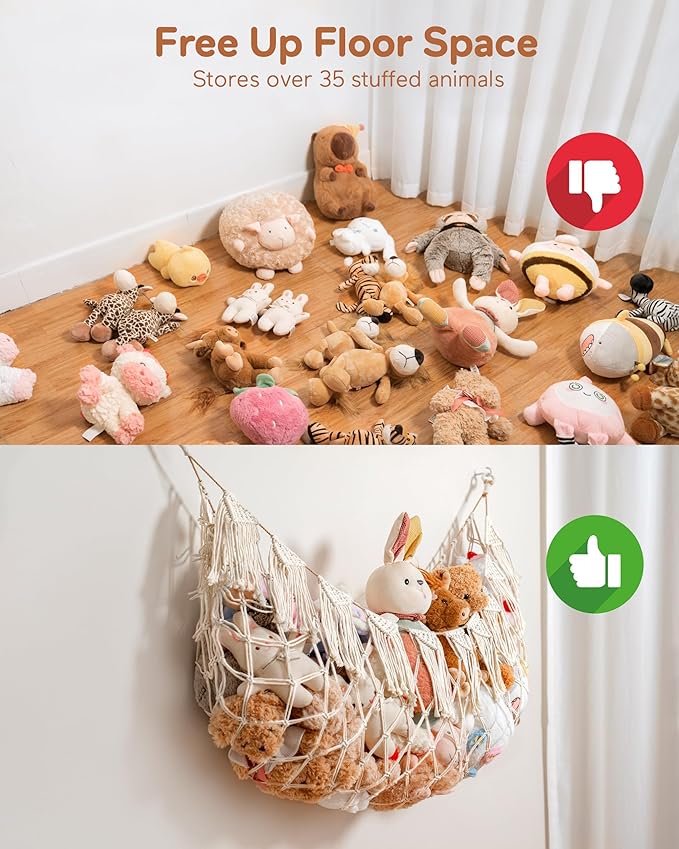 Boho Macrame Stuffed Animal Hammock with LED Lights – Large Wall Hanging Plushie Net, Corner Toy Organizer for Kids Bedroom, Nursery, Playroom & Dorm (White XXL)