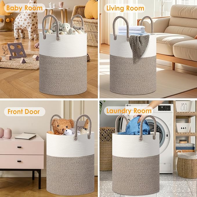 Large Woven Laundry Basket Hamper,100L Cotton Rope Storage Bin for Blankets,Toys and Clothes，Decorative Tall Blanket Basket for Living Room,Baby Nursery Hamper,Baby Storage Basket,Brown/White
